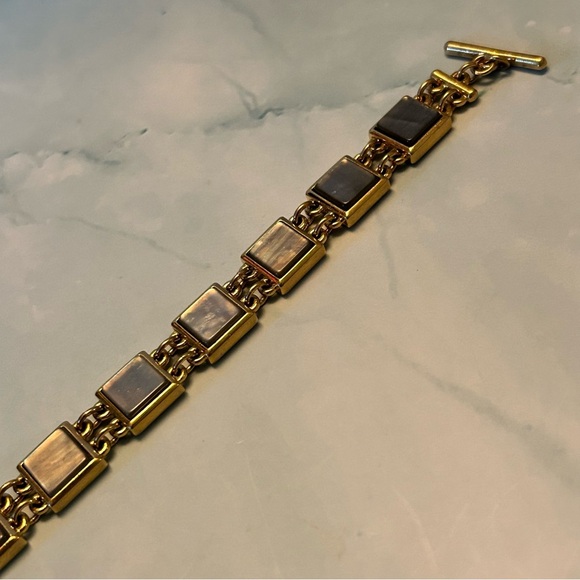 Vintage Monet Gold Tone and Grey Mother of Pearl Square Tile Link Bracelet - Picture 4 of 5